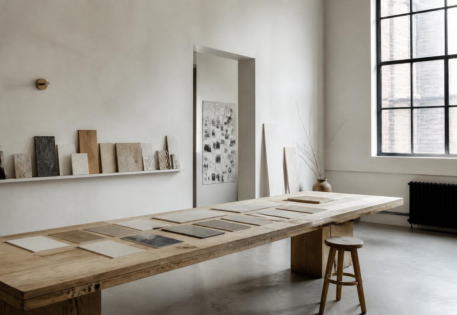 A quiet studio interior with material test tiles laid out on a long table