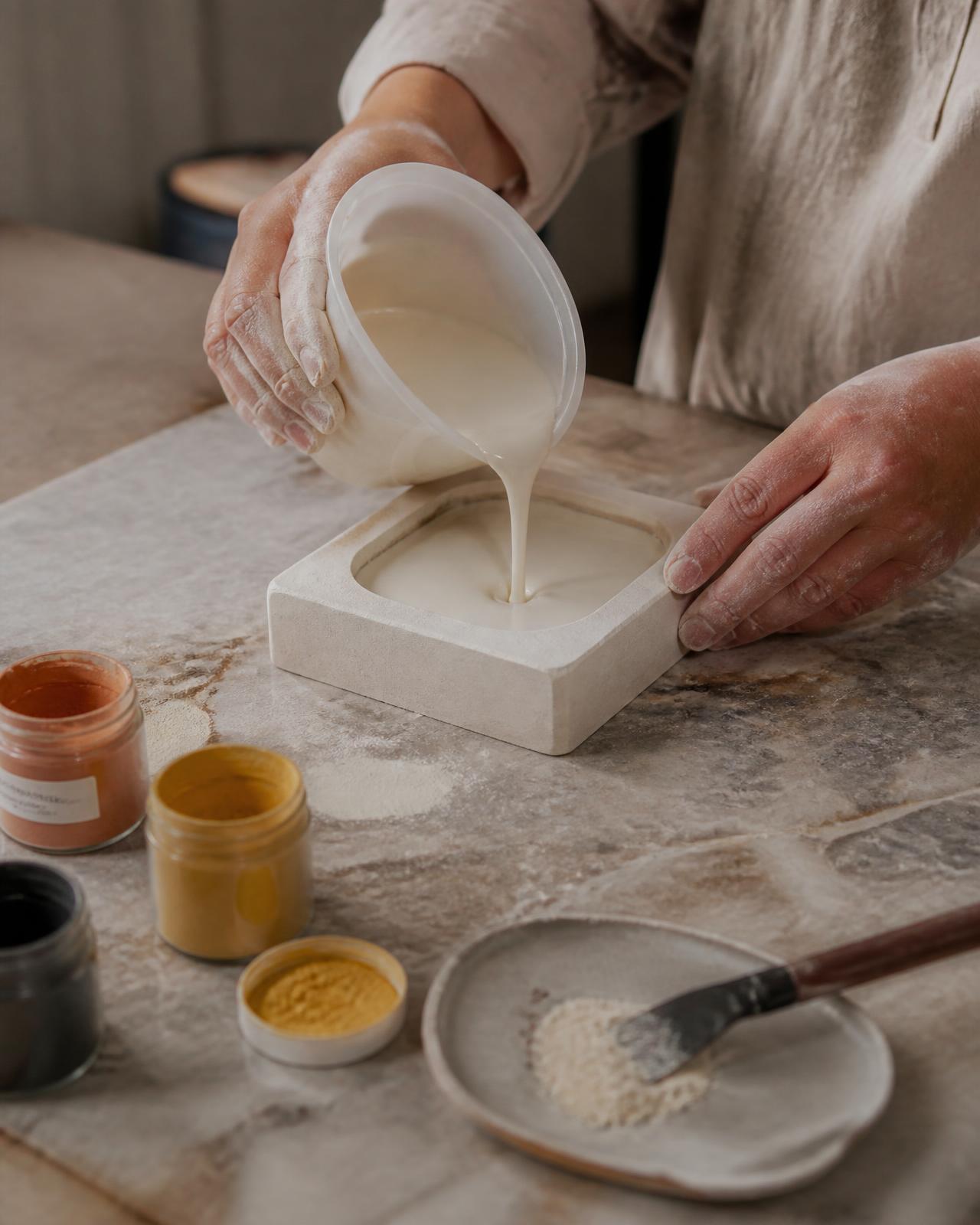 Pouring pale composite into a mould beside pigment jars